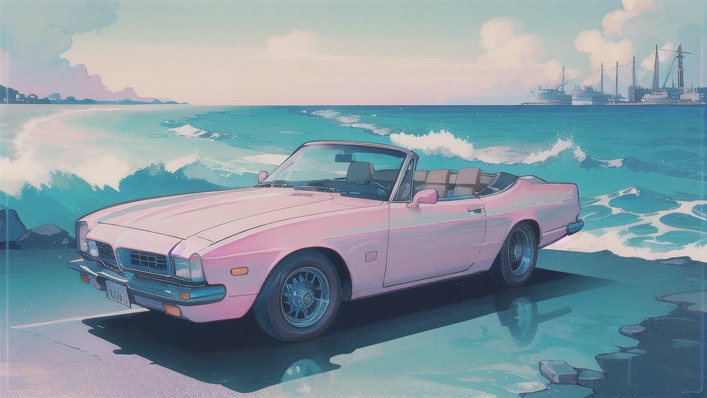 (watercolor), (low contrast), (classic car), (seaside)