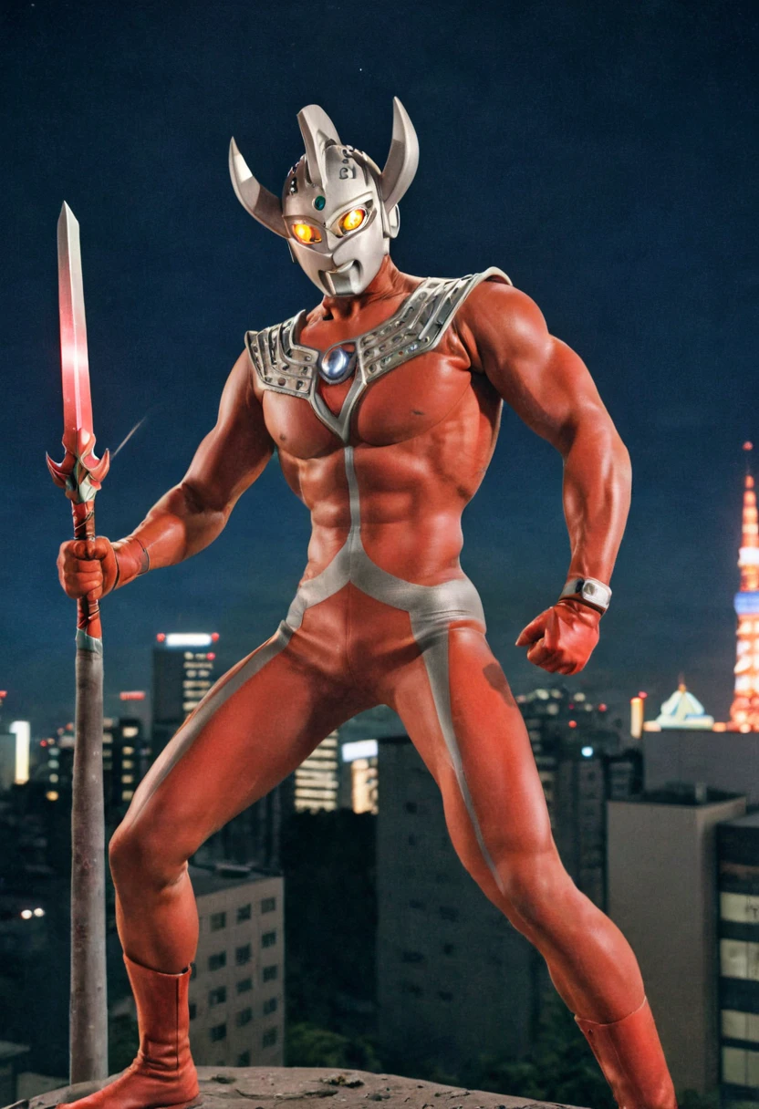 Ultraman Taro、Tokyo cityscape、Midnight、neon、A giant as tall as a building、Fighting Pose、slim、Muscular、Long limbs、Weapon、Gorgeous Body、Incitement、4K、Photorealistic、Portrait、male focus,highres,clear