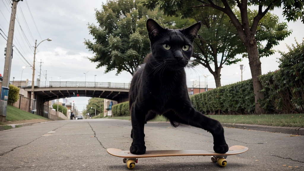 Black cat riding a skateboard