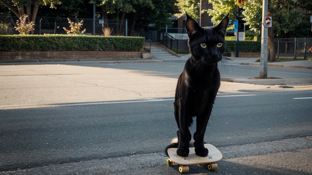 Black cat riding a skateboard