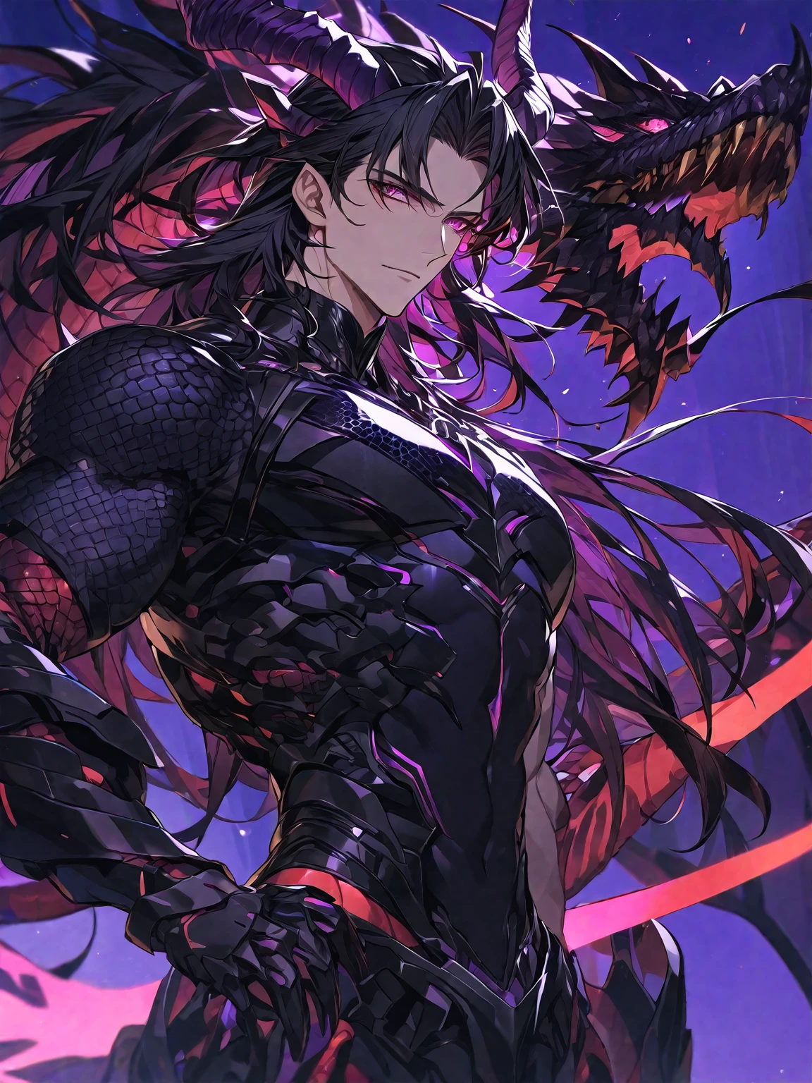 One, handsome, 1 man, with a sporty body, V-shaped body, black detailed armor with glowing purple details, black dragon horns, long hair, black hair, purple with red tones of reptile eyes, purple threads, black light