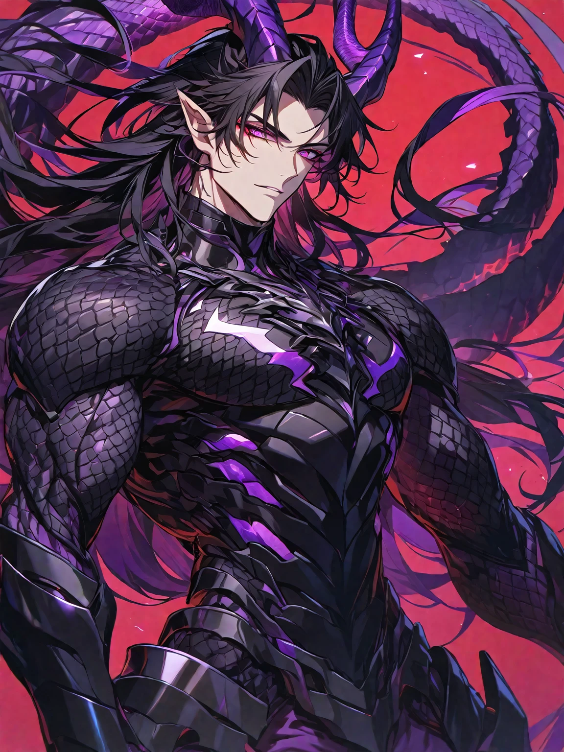 One, handsome, 1 man, with a sporty body, V-shaped body, black detailed armor with glowing purple details, black dragon horns, long hair, black hair, purple with red tones of reptile eyes, purple threads, black light