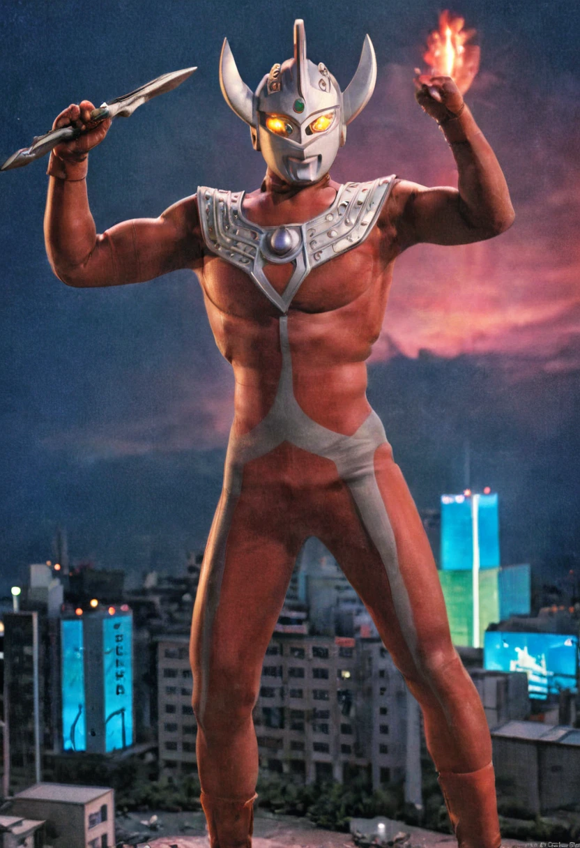 Ultraman Taro、Tokyo cityscape、Midnight、neon、A giant as tall as a building、Fighting Pose、slim、Muscular、Long limbs、Weapon、Gorgeous Body、Incitement、4K、Photorealistic、Portrait、male focus,highres,clear