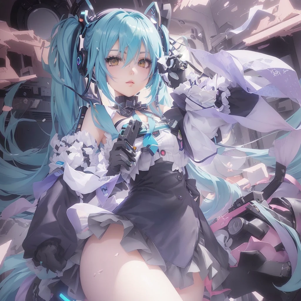Anime girl with blue hair and black gloves holding a gun, Zerochan Art, Miku, Nightcore, Mikudayo, Pixiv contest winner, hatsune Miku, Anime Monster Girl, digital art on Pixiv, Pixiv 3dcg, Anime Style 4k, change, Pixiv, hatsune Miku portrait, Splash art anime