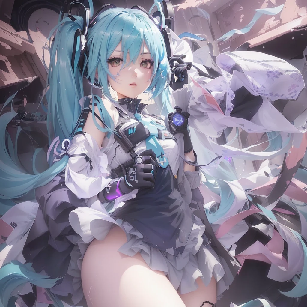 Anime girl with blue hair and black gloves holding a gun, Zerochan Art, Miku, Nightcore, Mikudayo, Pixiv contest winner, hatsune Miku, Anime Monster Girl, digital art on Pixiv, Pixiv 3dcg, Anime Style 4k, change, Pixiv, hatsune Miku portrait, Splash art anime