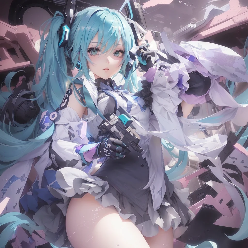 Anime girl with blue hair and black gloves holding a gun, Zerochan Art, Miku, Nightcore, Mikudayo, Pixiv contest winner, hatsune Miku, Anime Monster Girl, digital art on Pixiv, Pixiv 3dcg, Anime Style 4k, change, Pixiv, hatsune Miku portrait, Splash art anime 