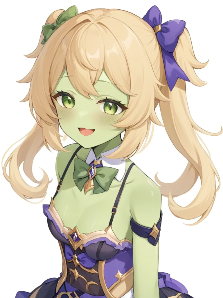 1 girl, Fischl_\(Genshin Impact_Influence\), Solitary, Eyepexistch, , two_side_up, Blonde_hair, long_hair, Watching_exist_Viewer, bow, Smile, Open_Mouth, garter_Shoulder Straps, only_Shoulder, purple_bow, White_background, Bangs, bowtie, hair_Exceed_one_Eye, feexisthers, hair_Ribbon, Ribbon, skirt, simple_background, Skin of color，Green Skin，Green Skin，Green Skin，whole body，Green Skin，Zombification，Green Skin，坐exist床上，Green mist