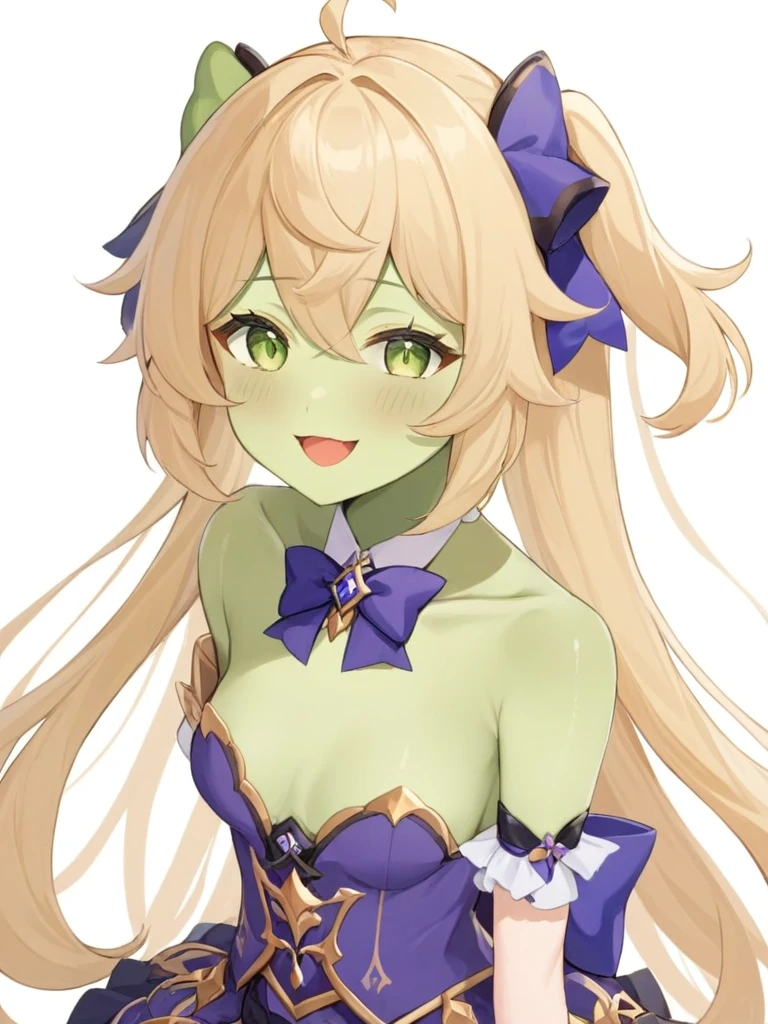 1 girl, Fischl_\(Genshin Impact_Influence\), Solitary, Eyepexistch, , two_side_up, Blonde_hair, long_hair, Watching_exist_Viewer, bow, Smile, Open_Mouth, garter_Shoulder Straps, only_Shoulder, purple_bow, White_background, Bangs, bowtie, hair_Exceed_one_Eye, feexisthers, hair_Ribbon, Ribbon, skirt, simple_background, Skin of color,Green Skin,Green Skin,Green Skin,whole body,Green Skin,Zombification,Green Skin,坐exist床上,Green mist
