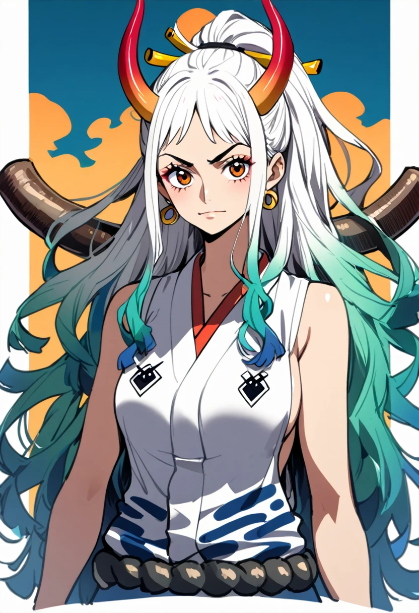1girl、yamato \(one piece\)、long hair,multiclored hair,oni,horn、腕を組む、upper body