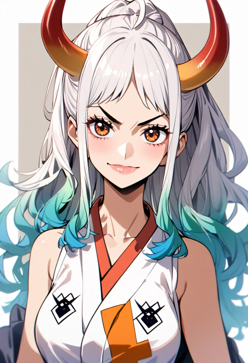1girl、yamato \(one piece\)、long hair,multiclored hair,oni,horn、腕を組む、upper body