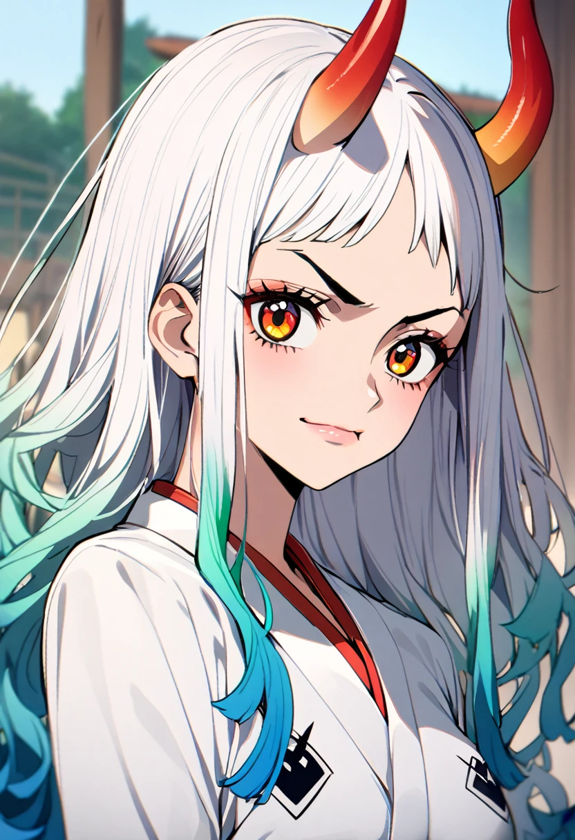 1girl、yamato \(one piece\)、long hair,multiclored hair,oni,horn、腕を組む、upper body