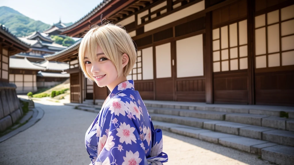 A lone courtesan broadcasts live from Himeji Castle.。Blonde Short Hair。Sexy smile、front、yukata、Light clothing、Single