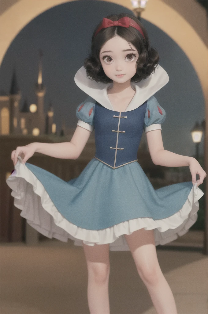 ((masterpiece:1.2), best quality, highres, ultra-detailed), solo, 1girl, (SnowPrincessw,snowwhite from disney,beautiful skin:1.2),(drooping eyes:1.4), (14 years old,small breasts,brown eyes,large eyes,black hair,retro curly bob:1.1),elegant face,(red headband with a red ribbon in the center:1.3),
princess,red cloak,(dress,skirt), cowboy shot,
looking at viewer, (outdoor,at night,castle:1.2)