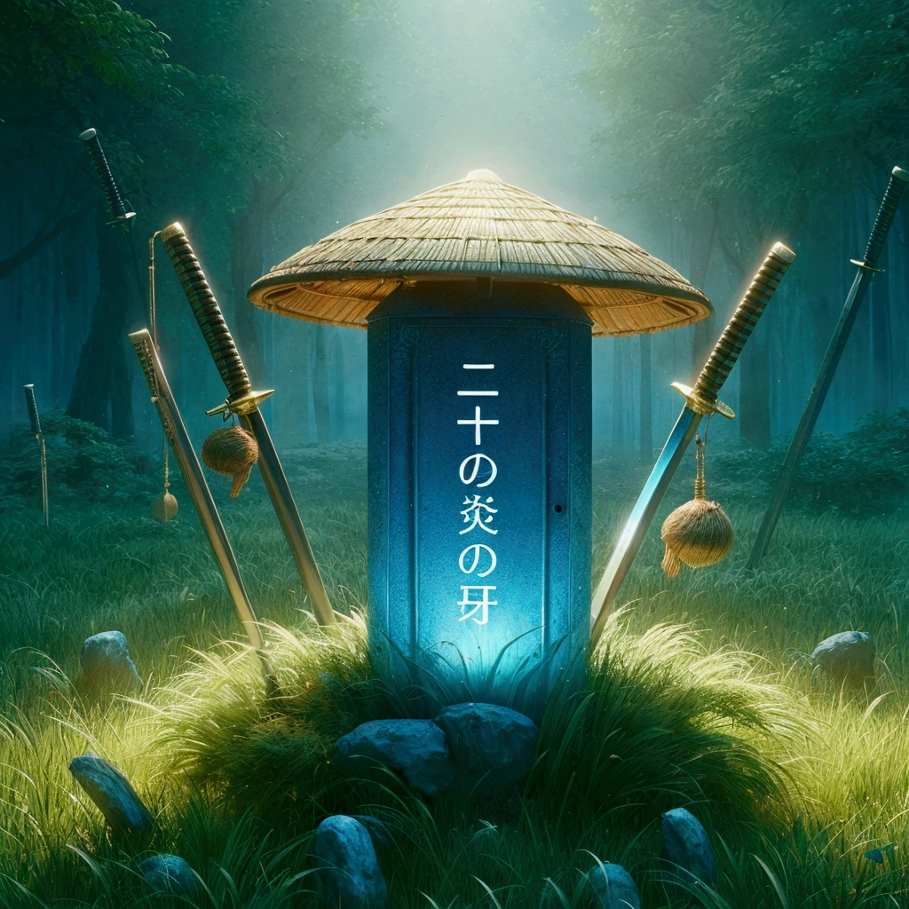 there is a blue toilet in the middle of a field with swords, japanese fantasy, artgem and beeple masterpiece, album art, official artwork, traditional japanese concept art, beeple daily art, beeple masterpiece, beeple and jean giraud, japanese art style, in style of beeple, realism | beeple, japanese popsurrealism, sangat detail, 4k, tidak cacat,