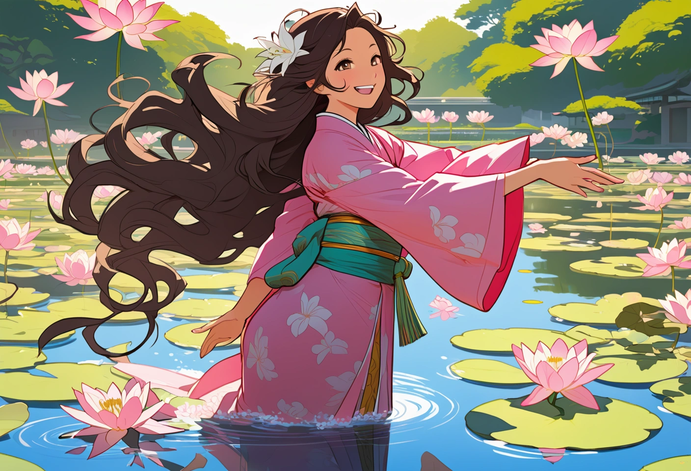 NijiEx style anime artwork. Profile of a Japanese princess himesama, long curly hair, pink kimono, running in a lily pond, laughing.