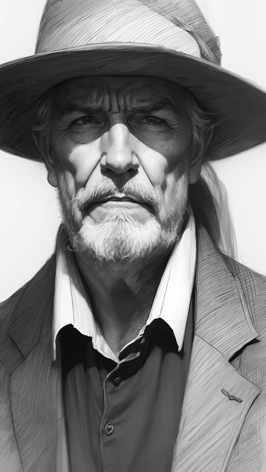 Portrait of a old man, (upper body), long beard, tattered leather clothes, dramatic lighting, (masterpiece, best quality:1.2), grayscale, (pencil drawing:1.2), ((unfinished sketch:1.5))
