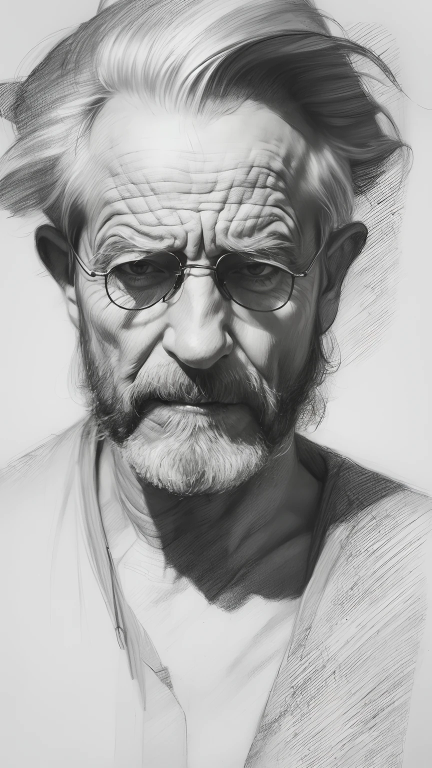 Portrait of a old man, (upper body), long beard, tattered leather clothes, dramatic lighting, (masterpiece, best quality:1.2), grayscale, (pencil drawing:1.2), ((unfinished sketch:1.5))
