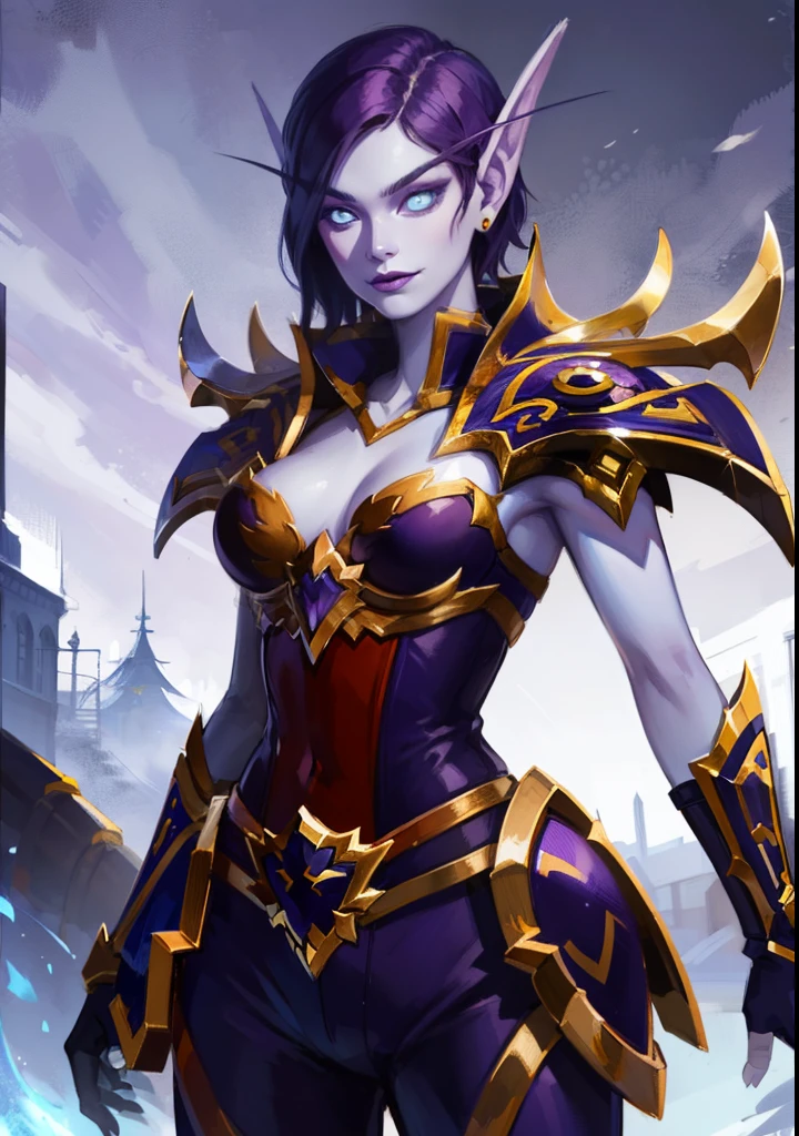 (8K, RAWphotograph, highest quality, masterpiece:1.2), High resolution, Super detailed, intricate details, disorganized, masterpiece, break , beautiful detailed woman, beautifully detailed mouth, highly detailed eyes and face, beautiful and fine eyes, (1girl, purple hair, short hair, spiral eyes, lustful eyes, smirk) (digital) (looking at viewer) (body facing viewer) (standing), (Purple Forest background), (purple pants) (purple tuxedo)) , best quality, blue eyes, pointy ears, colored skin, blue skin, armor, Purple armor, gold trim, voidelf