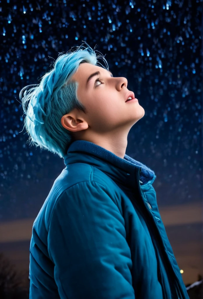 An image of a young and handsome boy with light blue hair gazing up at the starry night sky during winter, with shooting stars streaking across the heavens.