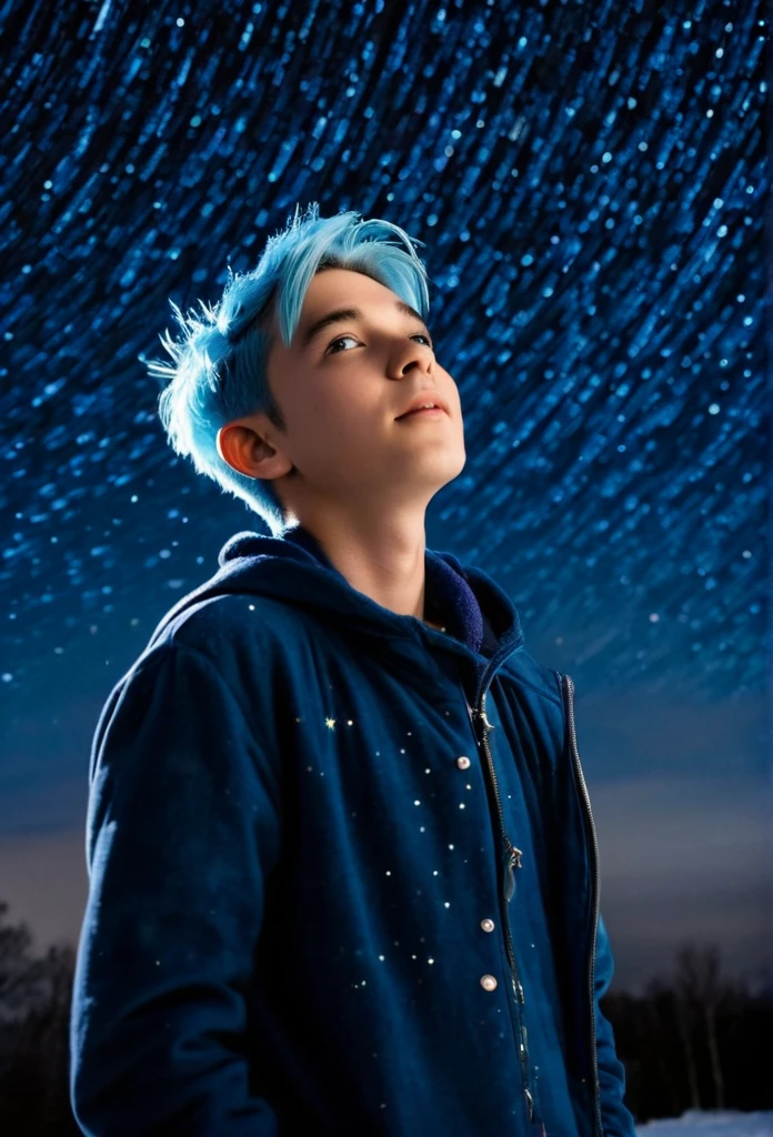 An image of a young and handsome boy with light blue hair gazing up at the starry night sky during winter, with shooting stars streaking across the heavens.