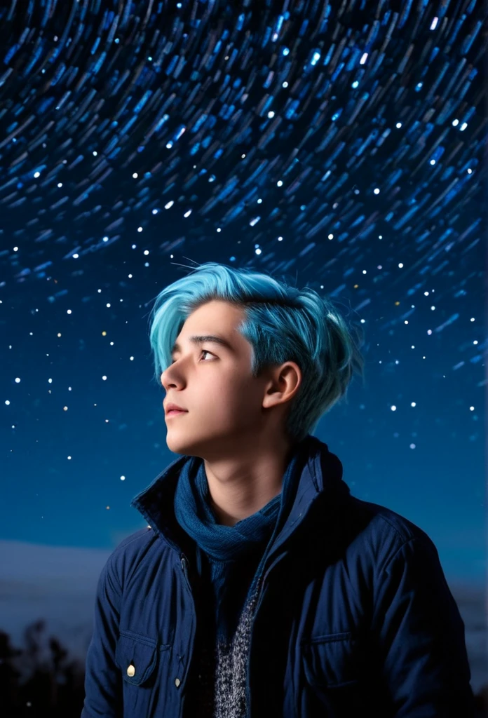 An image of a young and handsome boy with light blue hair gazing up at the starry night sky during winter, with shooting stars streaking across the heavens.