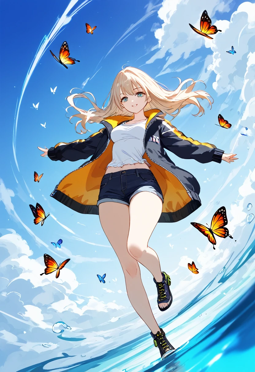 Butterflies are flying、Facing at an angle、Concept Art、1girl, stylish, stylish code, large jacket, simple white background