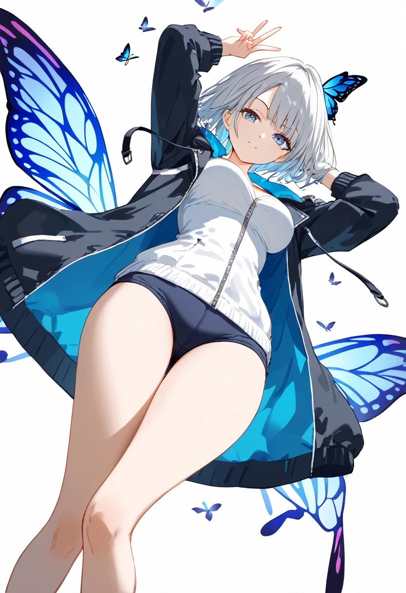 Butterflies are flying、Facing at an angle、Concept Art、1girl, stylish, stylish code, large jacket, simple white background