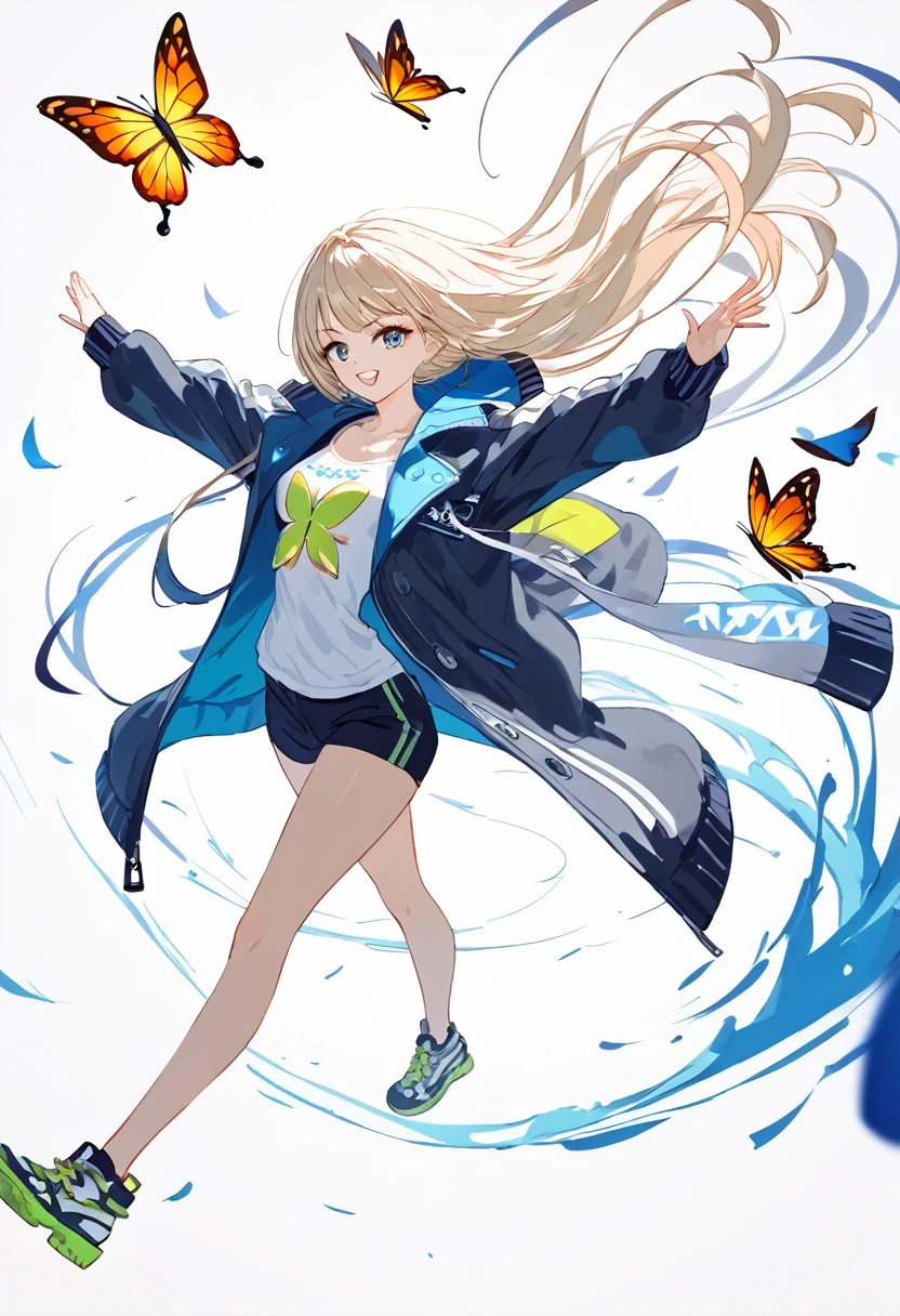 Butterflies are flying、Facing at an angle、Concept Art、1girl, stylish, stylish code, large jacket, simple white background