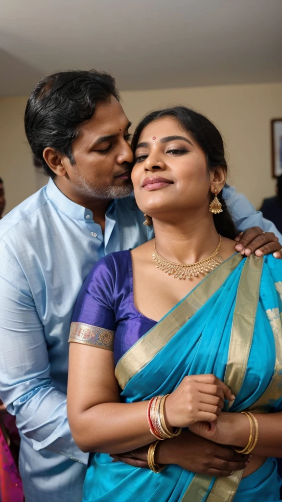 A 50-year-old man  affectionately hugging and kissing on lips of a radiant, full-figured South Indian  45 year old very beautiful bride wearing a cream silky saree and blue blouse in  office, other people cheering next to them, captured in a full-body image with vibrant hues and meticulous details. Full body image