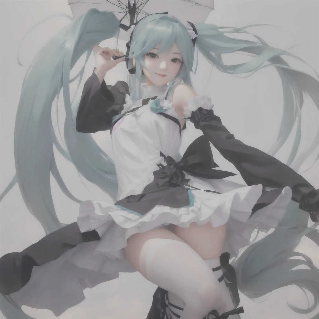 Anime girl with long hair and a white dress holding a black umbrella, hatsune Miku, portrait of hatsune Miku, Miku, hatsune Miku portrait, by Shimo, Mikudayo, pixiv Contest Winner, guweiz on pixiv artstation, Digital art on Pixiv, artstation pixivでトレンド, Top rated on pixiv