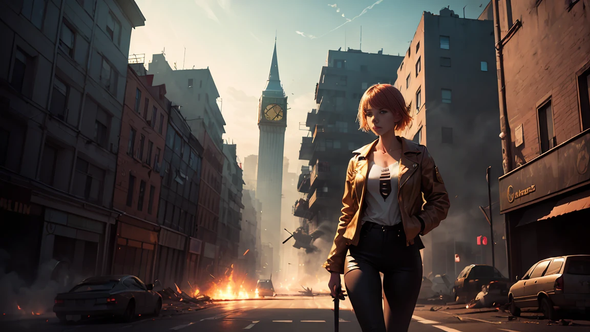 A young woman with short, light hair, one pants and jacket, In her left hand she carries a short sword while her right hand is free. In front of it is a huge golden clock showing 15 hours and behind it is a modern, destroyed city.. impact, bright lights, cell shading, bright coloured, smoke, destroyed city, Raby, gotas de Raby, master piece, Cellular lighting,