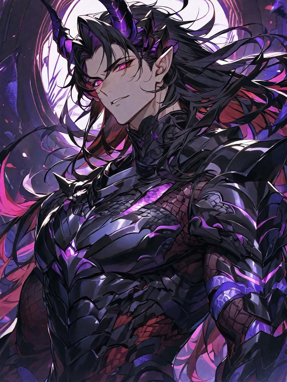 One, handsome, 1 man, with a sporty body, V-shaped body, black detailed armor with glowing purple details, black sharp demon horns, long hair, black hair, purple with red tones of reptile eyes, purple threads, black light