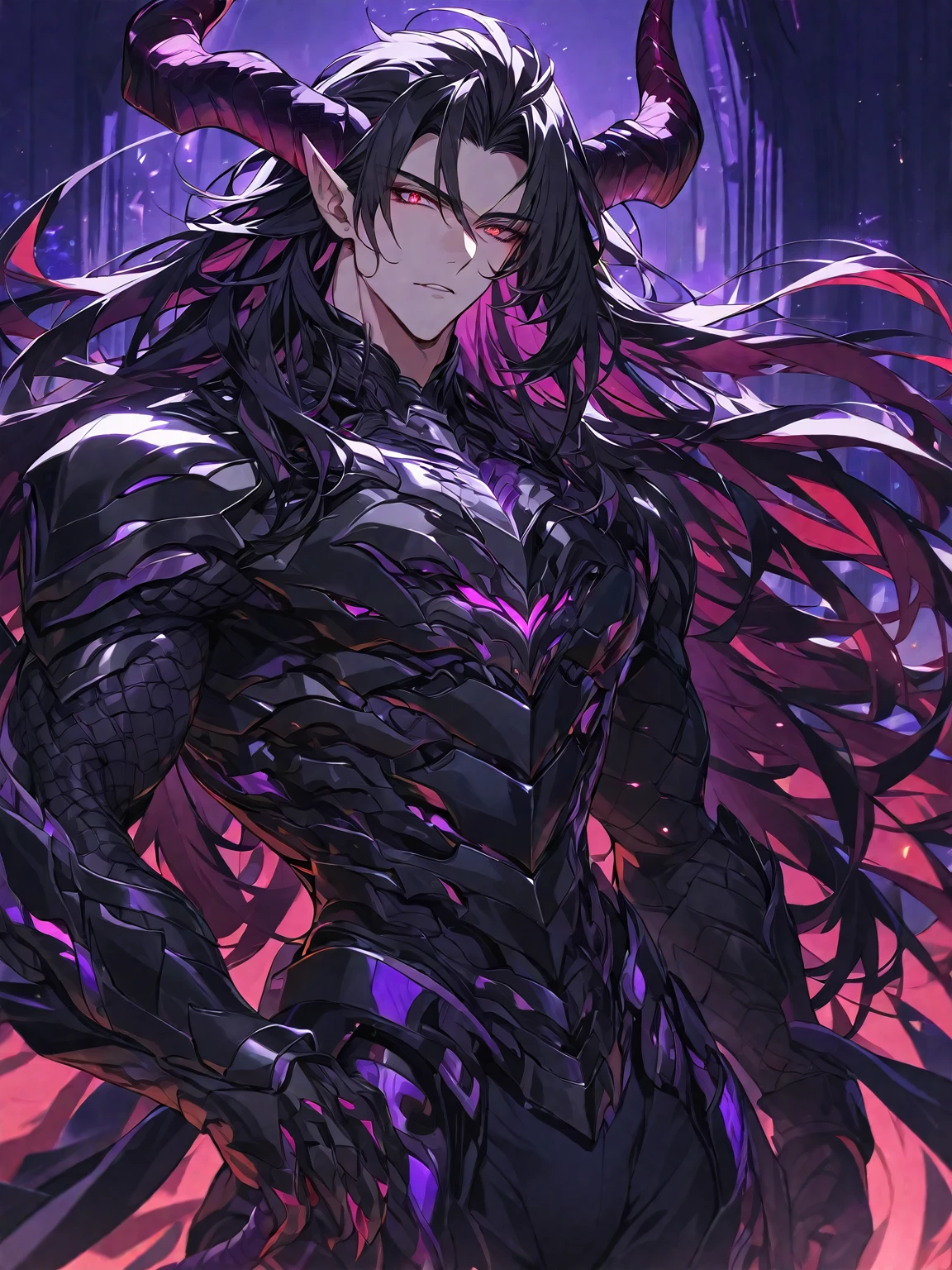 One, handsome, 1 man, with a sporty body, V-shaped body, black detailed armor with glowing purple details, black sharp demon horns, long hair, black hair, purple with red tones of reptile eyes, purple threads, black light