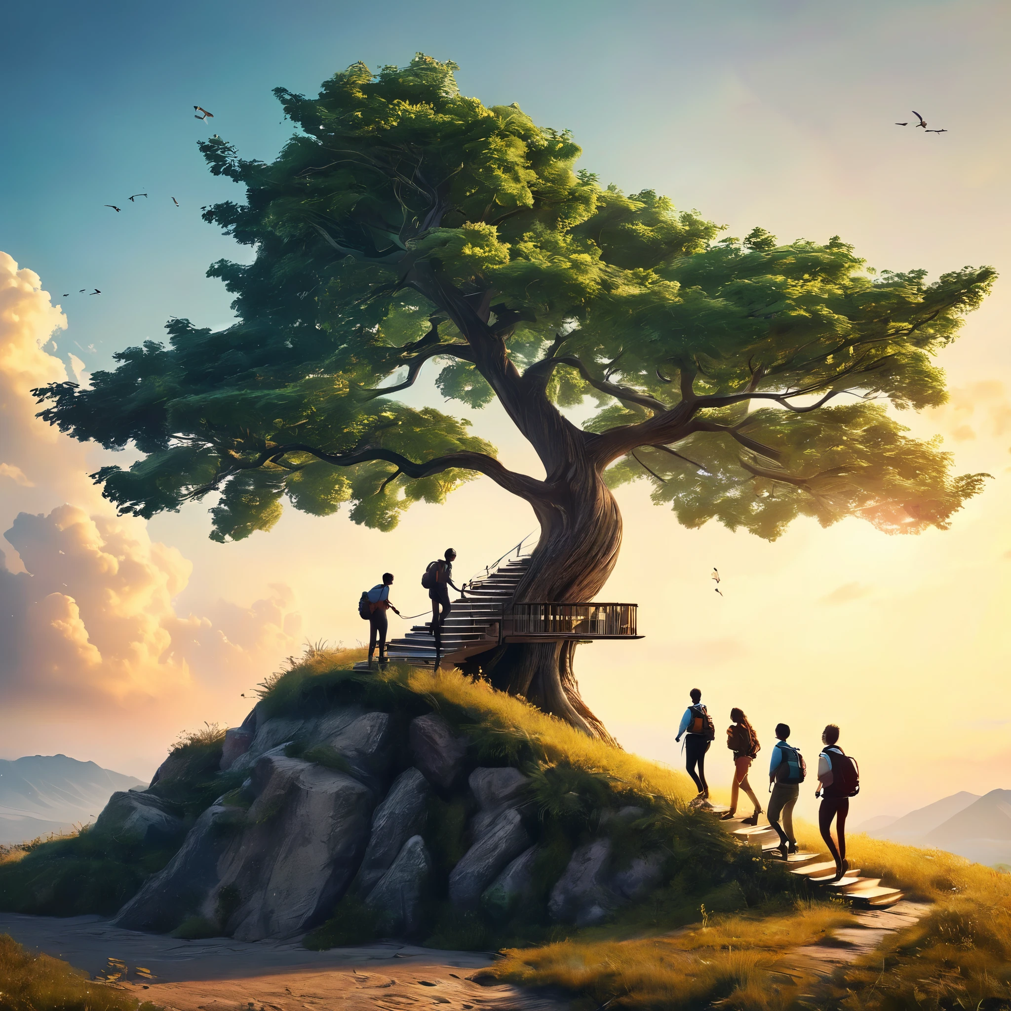 Create an image representing a group of people focused on personal development, social growth, and overcoming stagnation. The image should include the following elements:A Mountain or Staircase: Show someone climbing, symbolizing the effort and journey of growth.Group of People: Include a group of people smiling and interacting, representing socialization and mutual support.Path: Add a road or trail extending to the horizon, indicating a promising future and continuous progress.Growing Tree: Include a robust tree, symbolizing growth and personal development.Open Book: Show an open book, representing learning and self-discovery.Upward Arrows: Add graphics or icons of arrows pointing upwards, showing progress and advancement.The image should have an inspiring and motivational tone, with vibrant colors that convey energy and positivity.