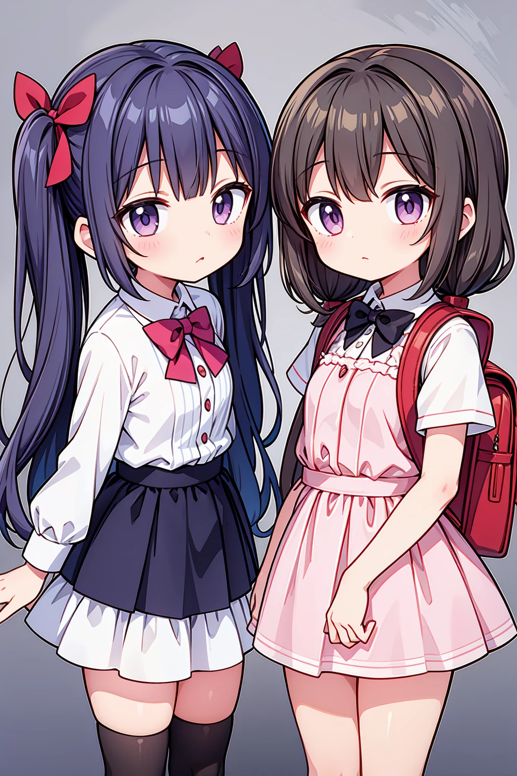 1girl,The best composition、Highest quality、Masterpiece、Twin tails、強風にあおられた小学生のが前に進めずTwin tailsがオールバックになっている、Red dress、Shiori high socks、Brown Loafers、Red School Bag、Primary yellow background、