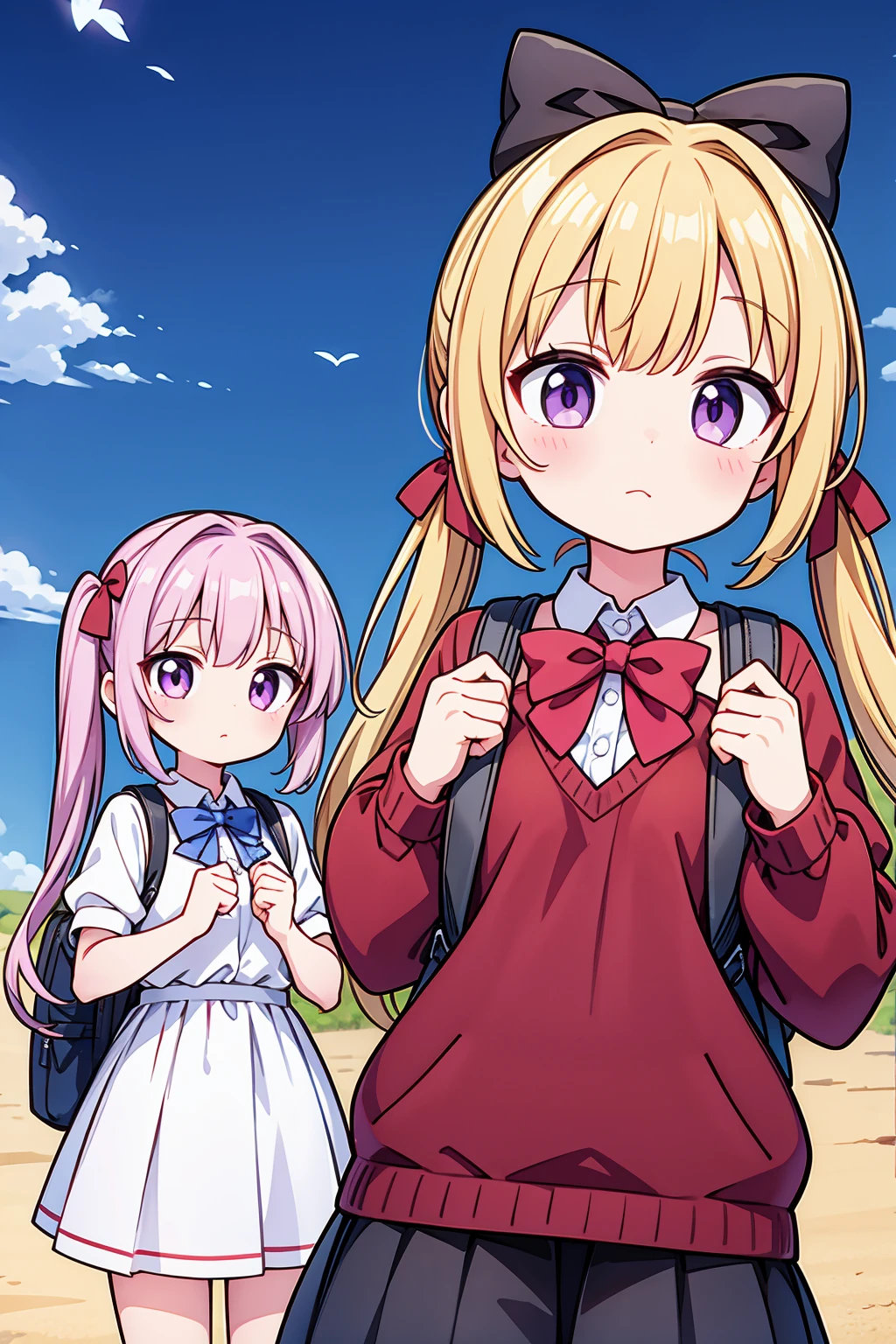 A masterpiece of two beautiful anime girls standing together, one with a backpack and a bow tie, in an anime moe artstyle. The scene should be in the style of Kantai Collection and Yuruyuri, with an ecchi anime influence. Both girls should have a cute anime style, with twintails and charming expressions. The image should be ultra detailed and of the best quality, capturing the essence of a cute anime visual. This artwork should be inspired by Jin Homura.