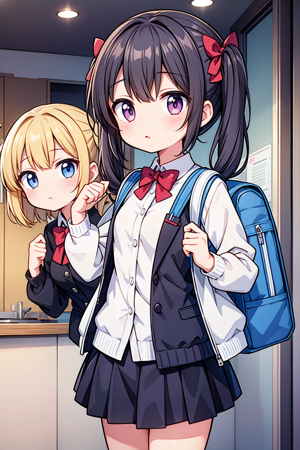 A masterpiece of two beautiful anime girls standing together, one with a backpack and a bow tie, in an anime moe artstyle. The scene should be in the style of Kantai Collection and Yuruyuri, with an ecchi anime influence. Both girls should have a cute anime style, with twintails and charming expressions. The image should be ultra detailed and of the best quality, capturing the essence of a cute anime visual. This artwork should be inspired by Jin Homura.