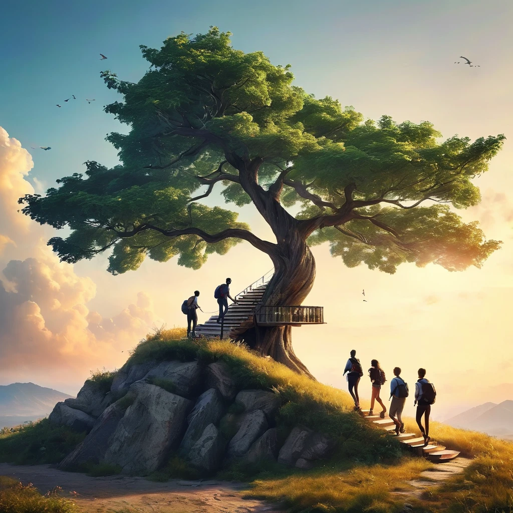 Create an image representing a group of people focused on personal development, social growth, and overcoming stagnation. The image should include the following elements:A Mountain or Staircase: Show someone climbing, symbolizing the effort and journey of growth.Group of People: Include a group of people smiling and interacting, representing socialization and mutual support.Path: Add a road or trail extending to the horizon, indicating a promising future and continuous progress.Growing Tree: Include a robust tree, symbolizing growth and personal development.Open Book: Show an open book, representing learning and self-discovery.Upward Arrows: Add graphics or icons of arrows pointing upwards, showing progress and advancement.The image should have an inspiring and motivational tone, with vibrant colors that convey energy and positivity.