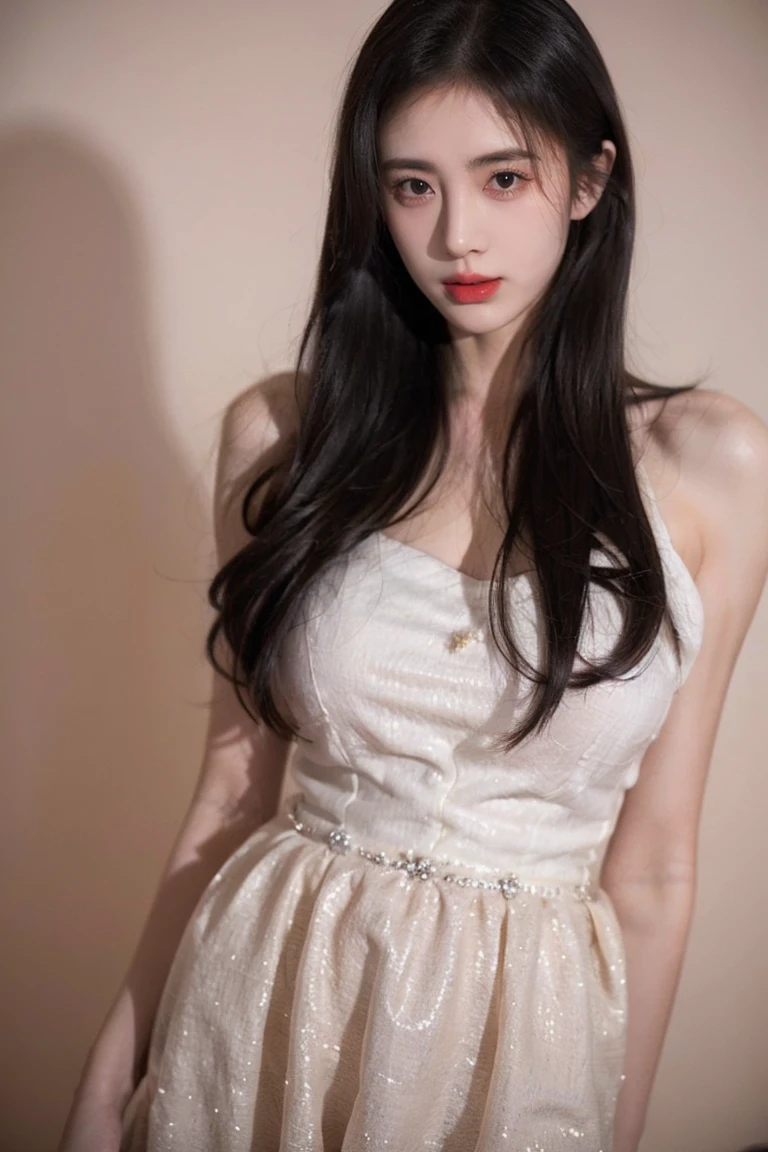 wear a long skirt, long hair over her shoulder, Pretty dress