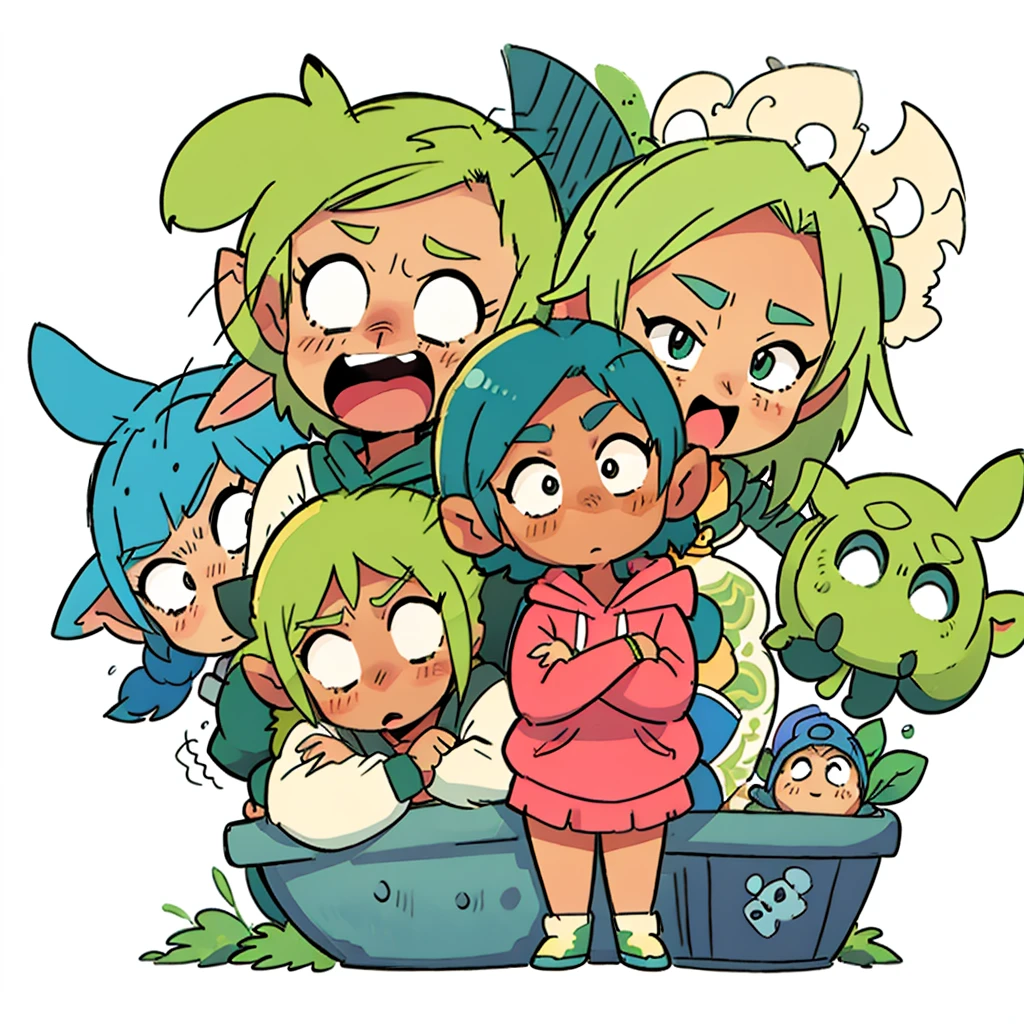 Character design similar to the provided image but with a different character. The new character is a young girl with short blue hair, wearing a similar oversized hoodie but in pastel green color with pink accents. She has round, expressive eyes, and her outfit includes pastel green sneakers. The character is shown in three different poses: front, side, and back views. The background is plain and simple to highlight the character design."