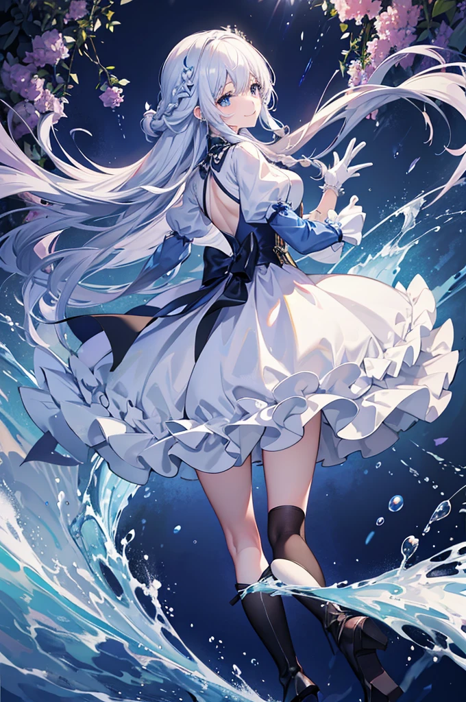 A woman with white hair and blue eyes、adult、Long, fluffy wavy hair、Braiding、Wearing hair ornaments、Smiling、Princess、White gloves、Blue-tinted dress、ribbon、Wave pattern、Decorations such as roses and drops、race、The dress is short in the front and long in the back、Wearing a cape、Garter Ring、short boots、water、Fantasy