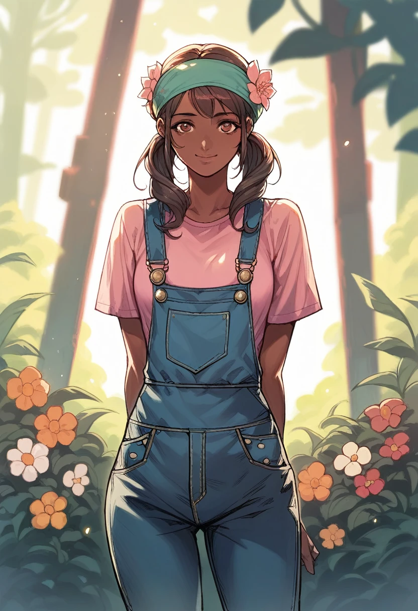 (((Masterpiece))), best quality, cowboy shot, perfect anatomy, realistic face, outdoors, sunny, warm sunlight, backlighting, dramatic lighting, painterly 1girl, twintails, solo, overalls, three quarter view, flower on head, headband, arms behind back, light smile, dark skin, dark skinned female, small breasts, pink shirt, 