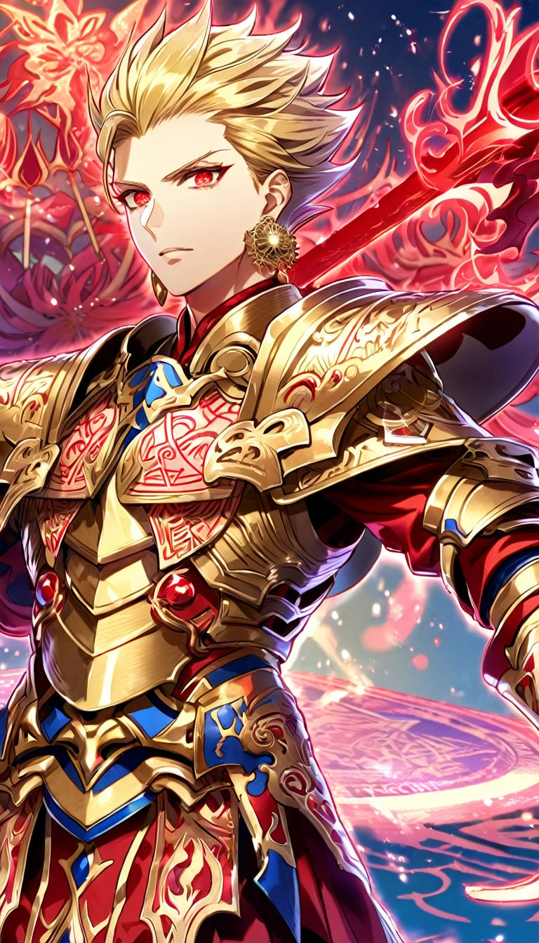 absurd resolution, high resolution, ultra detailed, detailed eyes, extremely detailed, HDR, 8K, Gilgamesh, blonde slicked up hair, expressive red eyes, Fate Extra ccc, solo, sexy man, handsome, armor, golden earrings, fantasy, cool, magical, mana, red magic circle, red glittering butterflies, red dust flying around, red spider lilies