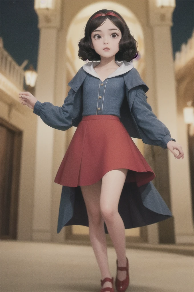 ((masterpiece:1.2), best quality, highres, ultra-detailed), solo, 1girl, (SnowPrincessw,snowwhite from disney,beautiful skin:1.2),(drooping eyes:1.4), (14 years old,small breasts,brown eyes,large eyes,black hair,retro curly bob:1.1),elegant face,(red headband with a red ribbon in the center:1.3),
princess,red cloak,(dress,skirt), cowboy shot,
looking at viewer, (outdoor,at night,castle:1.2)