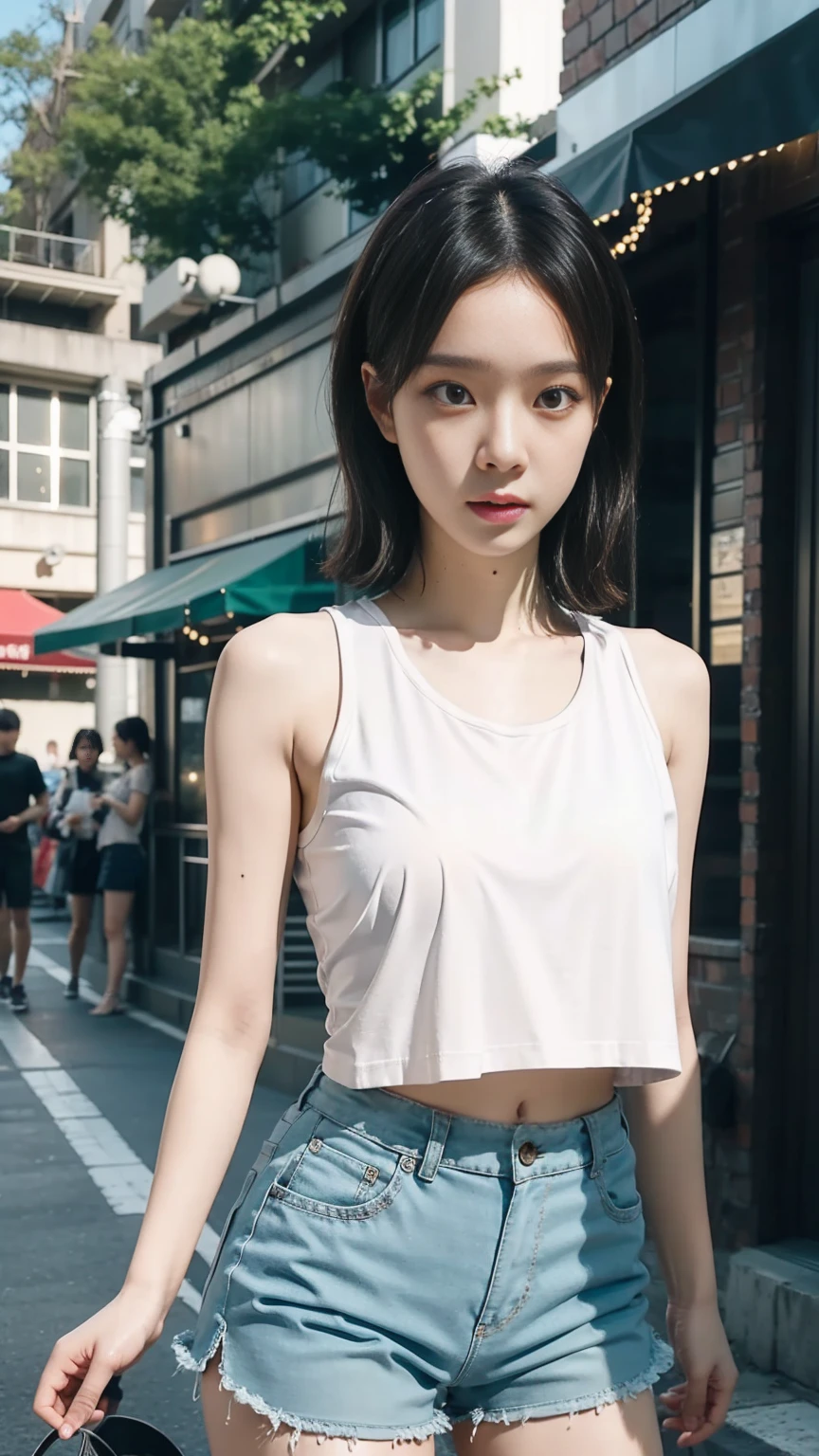 8k, masterpiece, best quality, realistic, very detailed, 1 girl, athlete, realistic skin texture, medium chest, stare at the viewer, Cropped shirt, Skinny T-shirt, tank top, Under, Under , micro mini skirt, hot pants, shorts, movie lights, face focus, good eyes, detailed face, well lit face, daylight, Outdoor cafe in the background, low angle shots, Under서 보기
