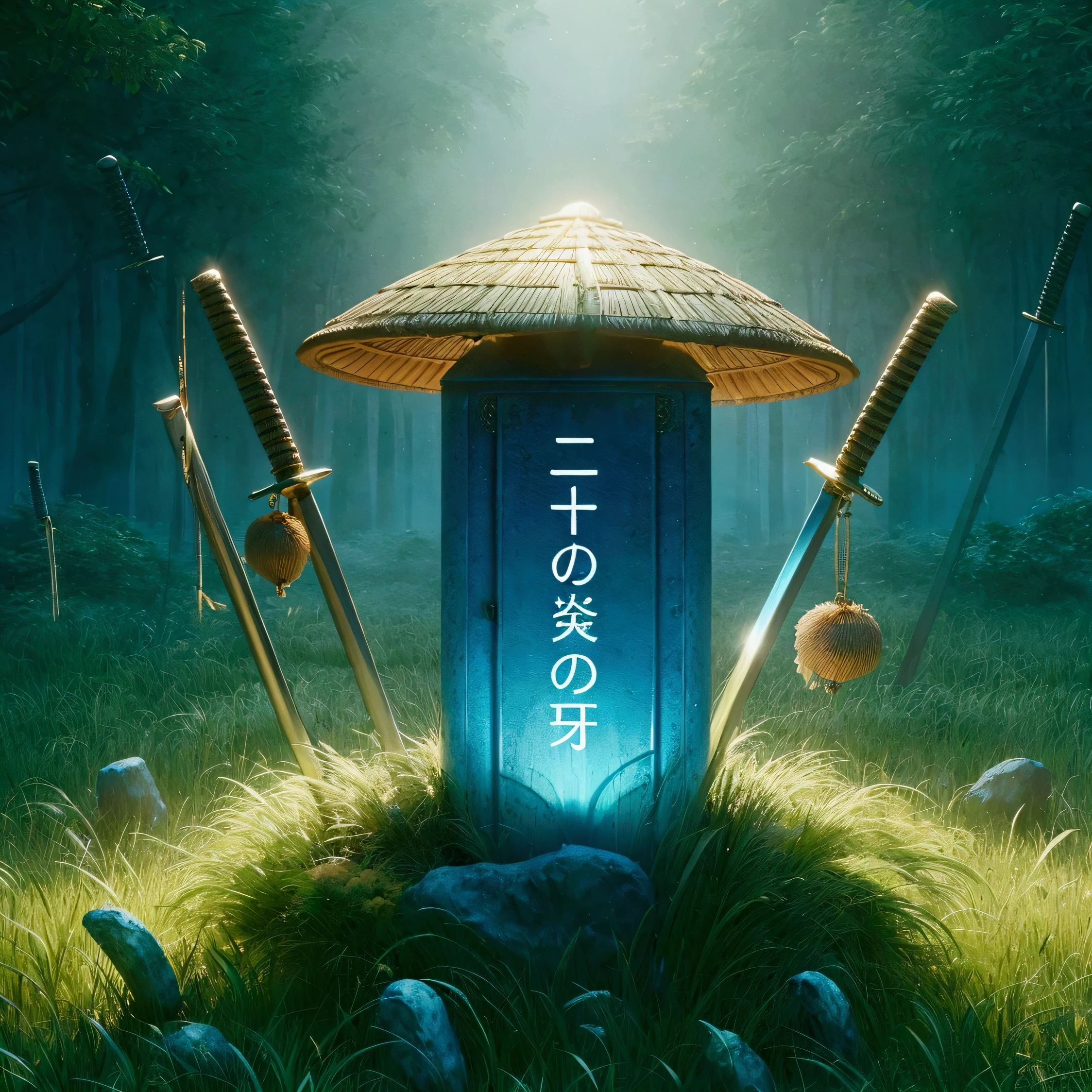 there is a blue toilet in the middle of a field with swords, japanese fantasy, artgem and beeple masterpiece, album art, official artwork, traditional japanese concept art, beeple daily art, beeple masterpiece, beeple and jean giraud, japanese art style, in style of beeple, realism | beeple, japanese popsurrealism, sangat detail, 4k, tidak cacat,