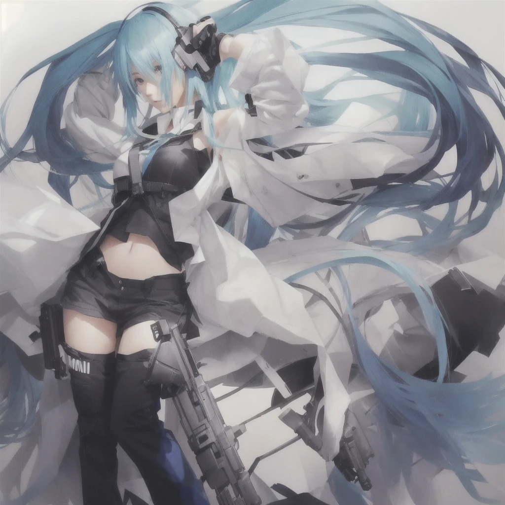 Blue hair and black pants、Anime girl holding a gun, Zerochan Art, digital art on Pixiv, Pixiv, by Shimo, High-resolution anime art, anime abstract art, Pixiv contest winner, HD artwork, Miku, Anime artwork, beautiful Anime artwork, hatsune Miku, Pixiv 3dcg, top rated on Pixiv