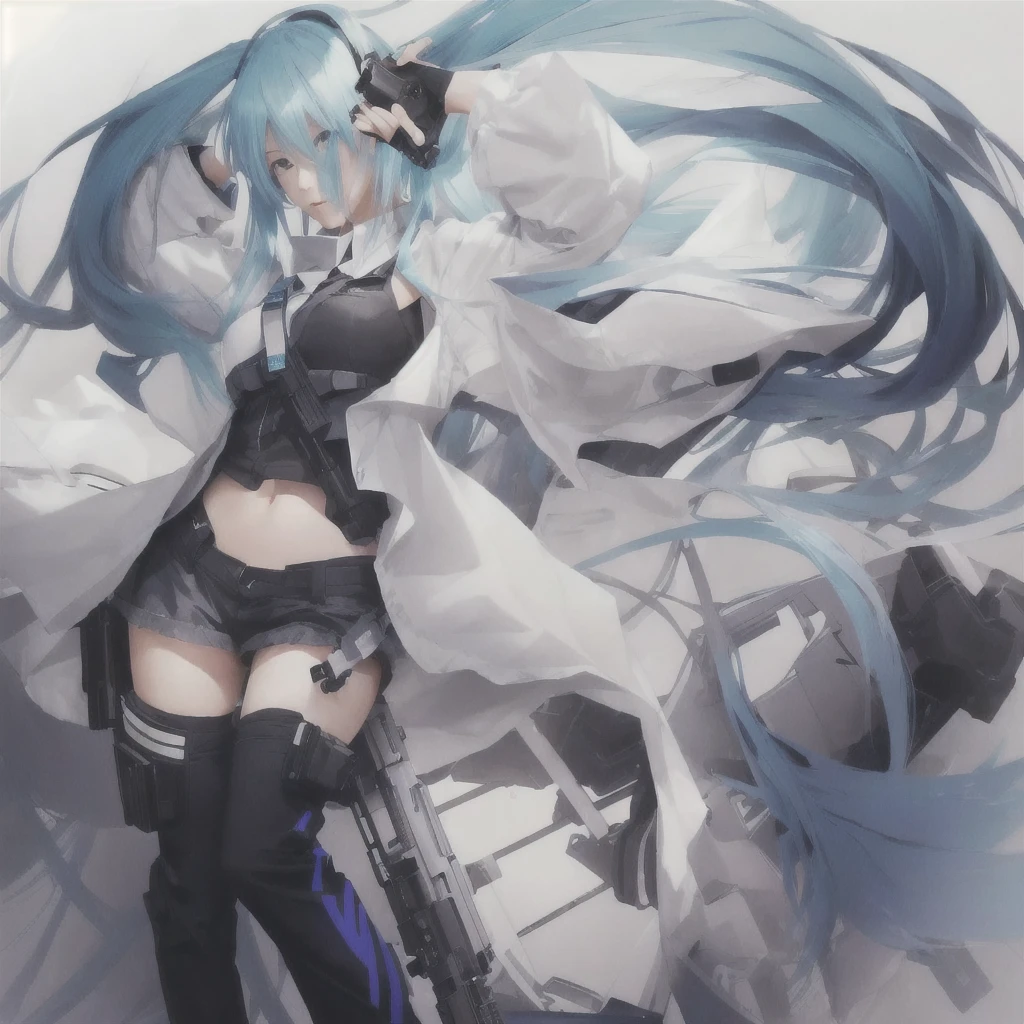 Blue hair and black pants、Anime girl holding a gun, Zerochan Art, digital art on Pixiv, Pixiv, by Shimo, High-resolution anime art, anime abstract art, Pixiv contest winner, HD artwork, Miku, Anime artwork, beautiful Anime artwork, hatsune Miku, Pixiv 3dcg, top rated on Pixiv