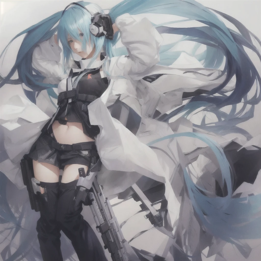 Blue hair and black pants、Anime girl holding a gun, Zerochan Art, digital art on Pixiv, Pixiv, by Shimo, High-resolution anime art, anime abstract art, Pixiv contest winner, HD artwork, Miku, Anime artwork, beautiful Anime artwork, hatsune Miku, Pixiv 3dcg, top rated on Pixiv