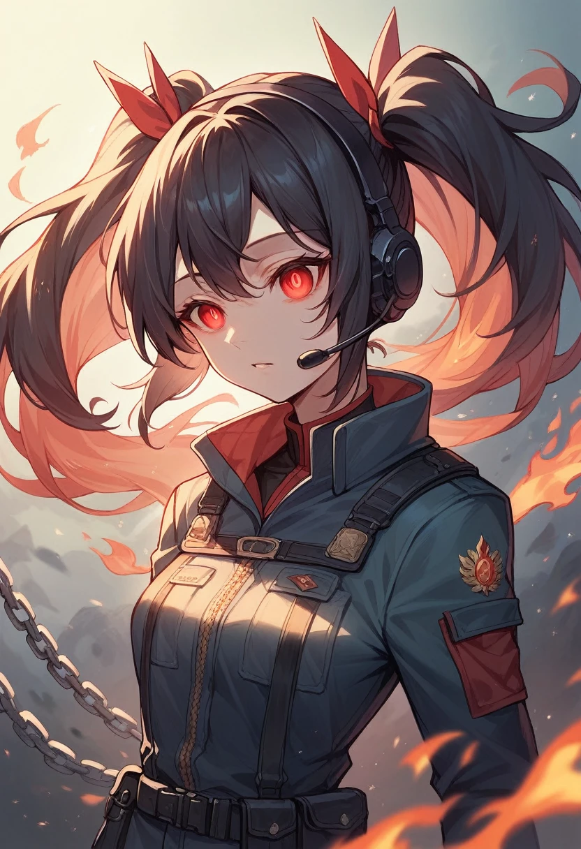 ((best quality)), ((masterpiece)), (detailed), perfect face, 1girl, lower body, long black hair with red tips, tactical clothing, headset, chains around her waist, surrounded by flames, night time, red eyes, glowing eyes, ponytails, twin tails,